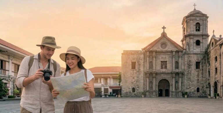 Pareja de turistas frente Basílica Menor y Catedral Metropolitana de la Inmaculada Concepción, Intra muros Manila