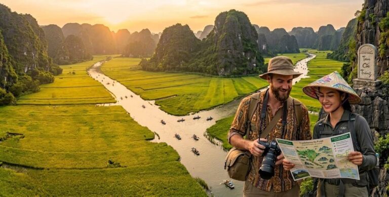 Infografía sobre visados y requisitos en Vietnam con mapa de e-Visa, extensión de estancia, tipos de visas y tarjetas TRC sobre paisaje de Tam Coc