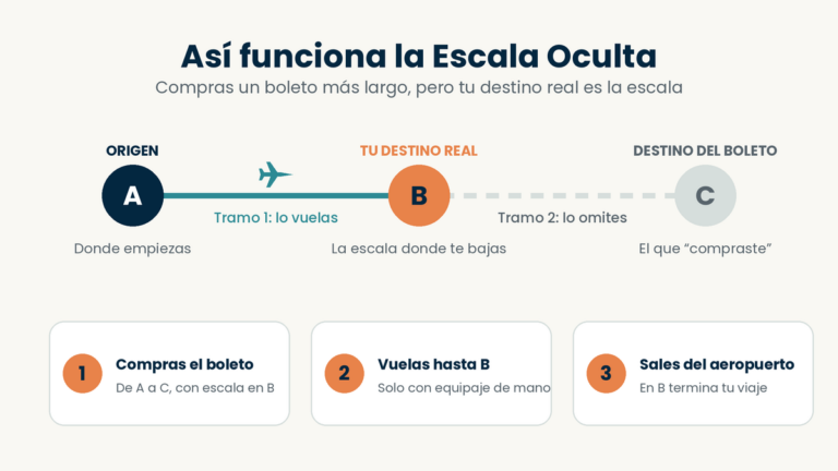 Diagrama de la escala oculta: el viajero compra un boleto de A a C con escala en B, vuela solo hasta B y omite el último tramo