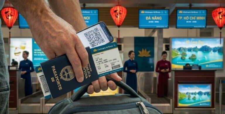 Pasaporte argentino, tarjeta de embarque y teléfono con código QR de la declaración digital de entrada a Vietnam en un aeropuerto