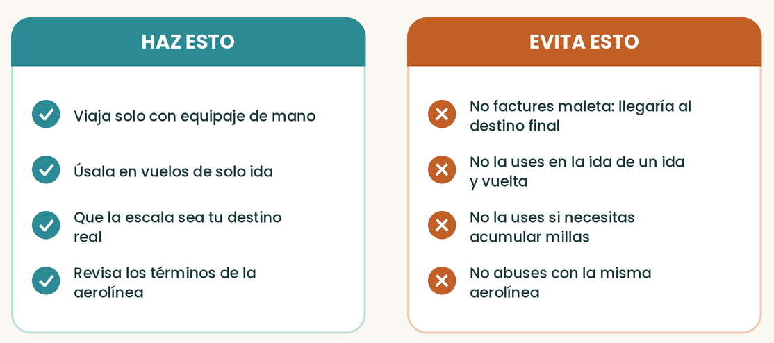 Lista de lo que sí y lo que no hacer al usar la escala oculta: equipaje de mano, solo ida, no facturar maleta