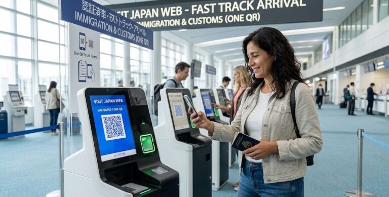 Llegada al aeropuerto de Japón con QR de Visit Japan Web.