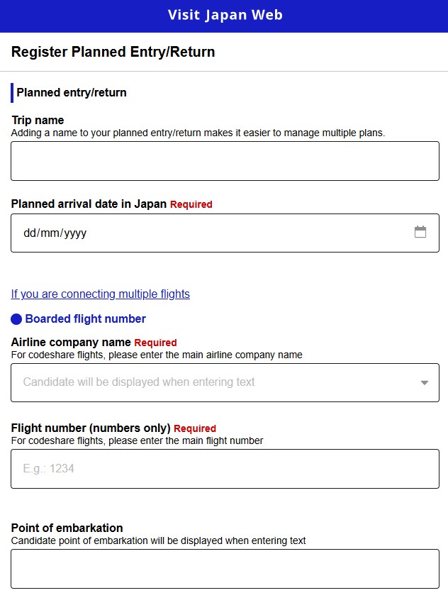 Formulario de la plataforma oficial Visit Japan Web para registrar una nueva entrada al país.